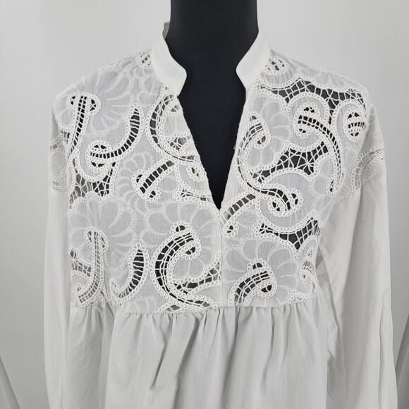 Urban Revivo Blouse Womens US 8 White Cotton Notch Lace Oversized Long Sleeve - Picture 6 of 14